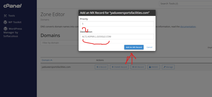 Adding gsuite mx records on cpanel hosting