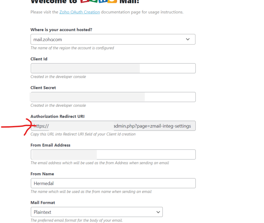 select the zoho account for zoho mail configuration and copy redirect url