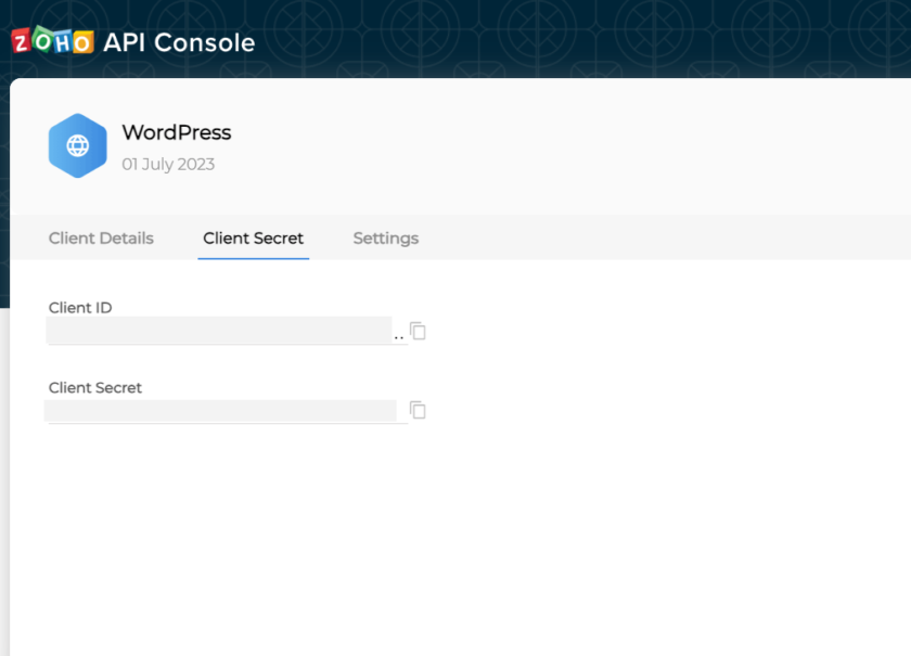 getting zoho client ID and secret code of Zoho API console