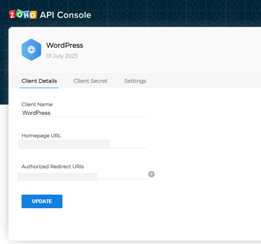 adding zoho client details of website home url and redirect url